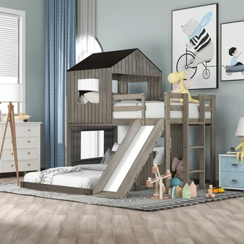 Деревянная двухъярусная кровать с двумя односпальными кроватями, кровать-чердак с игровым домиком, фермерский дом, лестница, горка и ограждения, белый