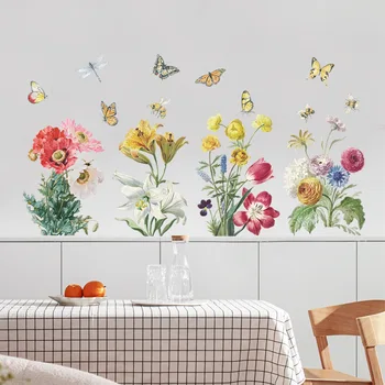 Цветные цветы Бабочки Наклейка на стену для гостиной, украшения дивана, настенные наклейки для домашней спальни, обои для украшения растений