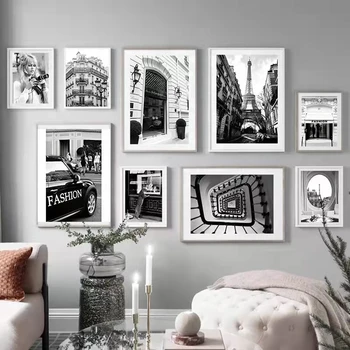 Парижская башня моды, винтажная девушка, черно-белая настенная живопись на холсте, плакаты на скандинавскую тему и принты, настенные фотографии для гостиной