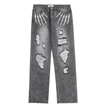 Джинсы с дырками от стирки, осень и зима 2022, мужская новая мода, хип-хоп, скелет, вышивка, индивидуальность, повседневные прямые джинсы