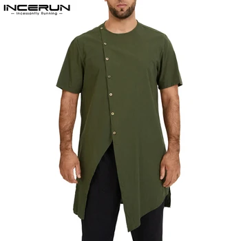 Мужская рубашка однотонного цвета 2023, короткий рукав, круглый вырез, Винтажная уличная одежда, Рубашки нерегулярной длины, Стильные повседневные кофточки INCERUN