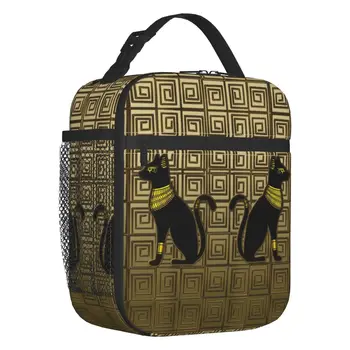 Египетская кошка-Богиня На плитке с золотым орнаментом, Термоизолированная сумка для ланча, Женский Египет, Многоразовый контейнер для ланча для школьной коробки для еды