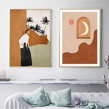 Абстрактный Модный женский рисунок, настенный художественный плакат и принт Солнце, Луна, Горный пейзаж, холст, картины в стиле бохо, Декор спальни