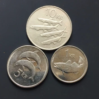 Треска, дельфин, Барракуда, Исландская монета, 3 монеты в наборе по 1,5,10 крон в год, выпущенные случайным образом