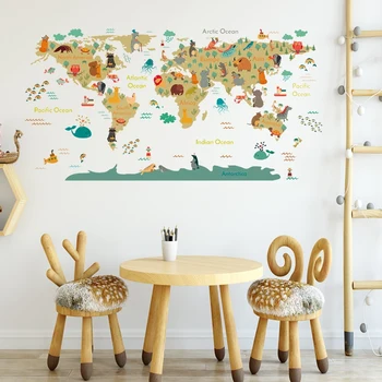 Наклейки на стену с мультяшными животными и картой мира, сделанные своими руками Обои для детской комнаты, спальни, детской комнаты, настенного декора, наклейки на стены домашнего декора