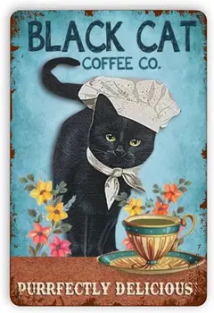 Металлические вывески Кофейные вывески с черным котом, Винтажные вывески, ретро Алюминиевая жестяная вывеска для кухни, офиса, домашнего бара, кафе, декор 8x12 дюймов