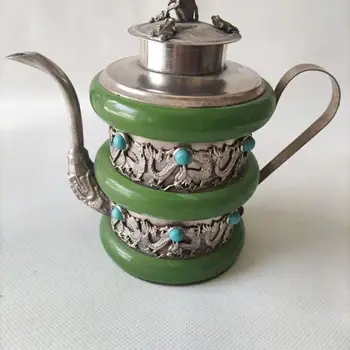 Китайский изысканный чайник с инкрустацией из тибетского серебра с нефритово-бирюзовым драконом