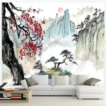Гобелен с чернильным пейзажем, Солнце, Горный Водопад, Красные цветы, Сосны, домашний Декор для гостиной и кабинета в японском стиле