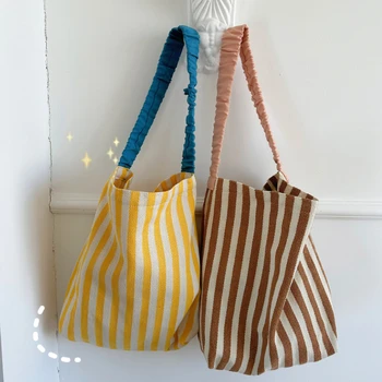 Женская сумка через плечо в контрастную цветную полоску, сумка для покупок большой емкости, женские сумки из хлопчатобумажной ткани, повседневная дорожная женская сумка-тоут