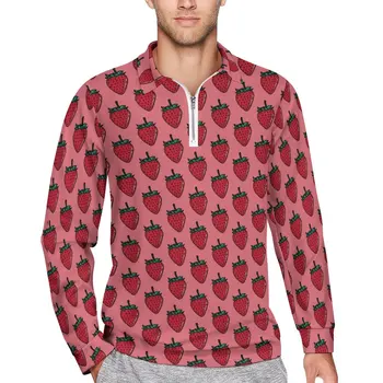 Рубашка поло с КЛУБНИКОЙ И ЧАЙНОЙ розой, осенняя повседневная рубашка с фруктами, длинный рукав, отложной воротник, футболки с эстетичным принтом Оверсайз
