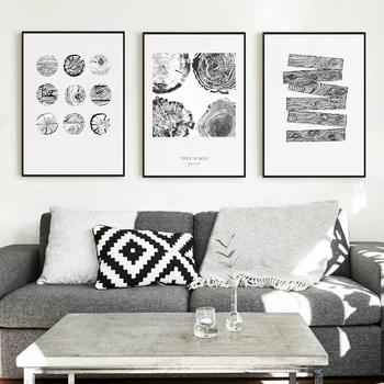 Скандинавские черно-белые абстрактные кольца деревьев картина на холсте Настенное искусство Картина для гостиной Морден Украшение Картина без рамки