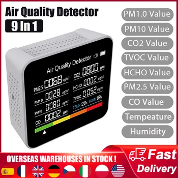 Монитор качества воздуха 9 В 1 Измеритель CO2 CO TVOC HCHO PM2.5 PM1.0 PM10 Измерение температуры и влажности Детектор углекислого газа
