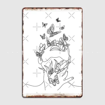 Абстрактное Лицо С бабочками, нарисованное Одной линией Металлической вывеской, Клубным баром, украшением Гаража, пабом, Забавным жестяным плакатом
