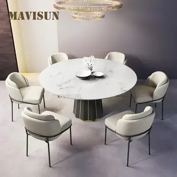 Обеденный стол с мраморной столешницей из черного камня большого круга в скандинавском стиле с поворотным столом; Обеденные стулья в загородном стиле на 8 персон; Ресторанная мебель.