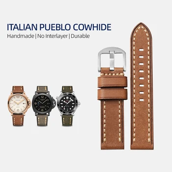 Ручной ремешок для часов PUEBLO из воловьей кожи 20 22 24 26 мм Подходит для PAM111 441 Высококачественный кожаный браслет с утолщением в половину сгиба