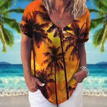 Летняя женская футболка, гавайская рубашка с рисунком кокосовой пальмы, Топы с V-образным вырезом и коротким рукавом, одежда для отпуска, футболка для девочек 5xl, женская одежда
