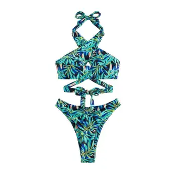 Беспроводной женский купальник с эффектом пуш-апа на бретелях с принтом листьев, пляжная одежда