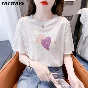 Новая шикарная футболка с вышивкой в виде сердца Любви, Женская футболка с коротким рукавом, Летние топы Harajuku с круглым вырезом, Модные свободные футболки для корейских девушек