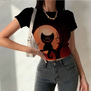Новая женская футболка с круглым вырезом и коротким рукавом, Облегающий Дизайн и 3D-печать, Летний Модный Женский Облегающий топ с коротким рукавом