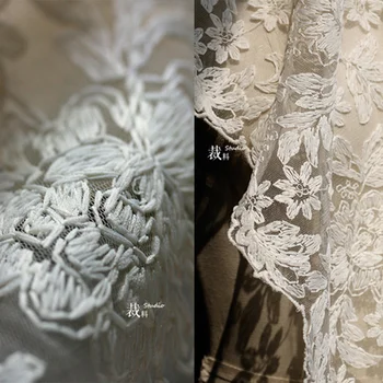 ткань для бежевого платья с кружевной вышивкой и цветочным узором из хлопка длиной 1 м, дизайнерская ткань из прозрачной сетки, ткань для пэчворка