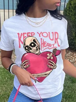 Футболка с буквенным принтом LW Heart Skull Head, летняя футболка с короткими рукавами, Летняя Повседневная футболка Оверсайз, женская рубашка, топ