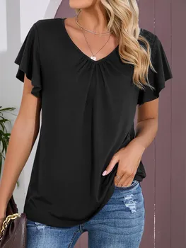 Женская летняя повседневная блузка с V-образным вырезом и летящими рукавами с оборками, пляжная рубашка для работы в офисе, Свободные черные рубашки, блузы, женские топы