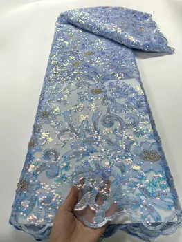 Небесно-голубого цвета, высококачественная элегантная Французская сетчатая кружевная ткань, Африканская вышивка, Нигерийская ткань с пайетками для свадебного платья.