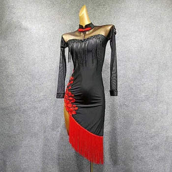 2020 Новое платье для латиноамериканских танцев с длинным рукавом и открытой спиной, украшенное цветами и кисточками, Женское платье для бальных танцев Samba Tango W252