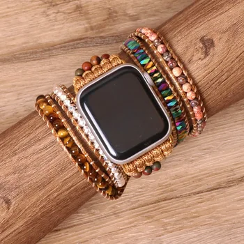 Простые, модные часы с браслетом из бисера с тигровым камнем, многослойный браслет для iwatch для Apple watch