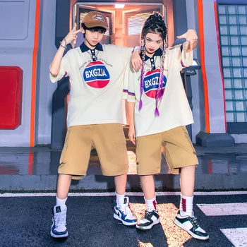 Детская одежда в стиле хип-хоп, футболка-поло с буквенным принтом, повседневные широкие шорты цвета хаки для мальчиков и девочек, джазовый танцевальный костюм, одежда