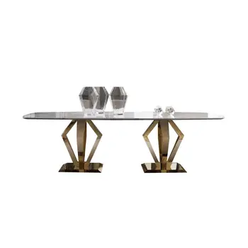 Роскошный 8-местный прямоугольный мраморный обеденный стол на основе нержавеющей стали.