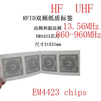 31 * 31 мм UHF ВЧ наклейки с возможностью записи EM4423 чип 860-960 МГц 13,56 МГц двухчастотные метки