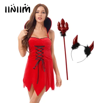 Красное женское бархатное платье для косплея дьявола на шнуровке с повязкой на голову в виде рога дьявола, без рукавов с трезубцем, необычный костюм для ролевых игр на Хэллоуин