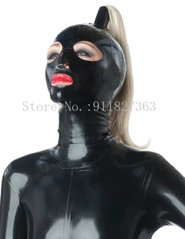 Капюшон из натурального латекса ручной работы, сексуальная латексная маска на все лицо, косплей с конским хвостом, капюшон на все лицо с застежкой-молнией сзади
