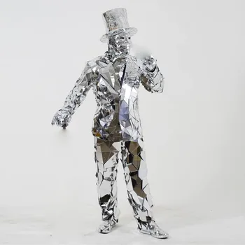 Мужские сценические костюмы для танцев роботов, серебряное зеркало, костюмированная вечеринка, Хэллоуин, лазерные танцевальные зеркала, костюмы