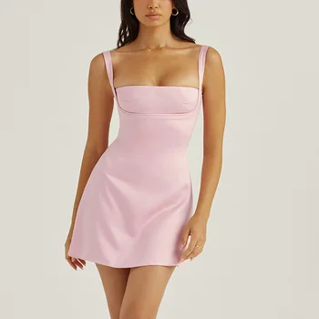 Сексуальное атласное платье для клубной вечеринки 2023, Летние мини-платья трапециевидной формы без рукавов с открытой спиной, Элегантный короткий Vestidos