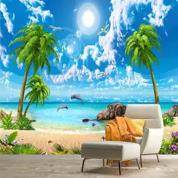 Голубое небо, белые облака, кокосовые пальмы, пляжи, морской пейзаж, дельфины, индивидуальная гостиная, спальня, 3D самоклеящиеся обои,