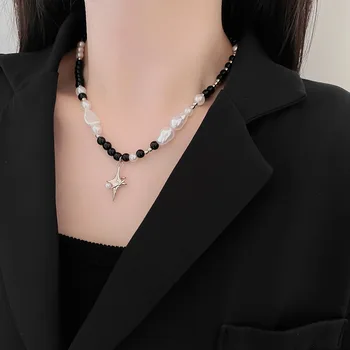 Панк-крест-звезда из натурального камня, черно-белое Контрастное ожерелье с жемчужной строчкой, подвески для женщин, вечерние украшения