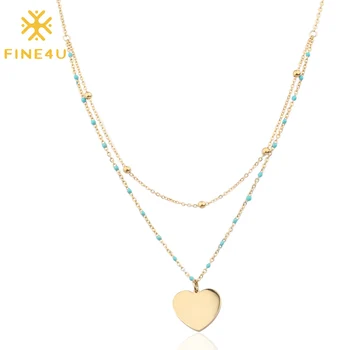 FINE4U N211 Ожерелье с подвесками в виде сердца золотого цвета для женщин, двухслойная цепочка из нержавеющей стали, ожерелье из четок оптом