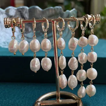 Золотые серьги из натурального пресноводного жемчуга для женщин, висячие серьги из крупного жемчуга в стиле барокко с длинной кисточкой, свадебные украшения в Корейском стиле