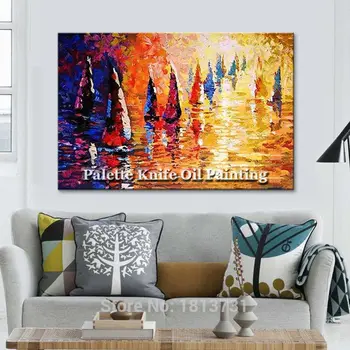 Ручная роспись абстрактной масляной живописи лодка парусный корабль холст картины маслом Настенные рисунки для гостиной современные обои 2