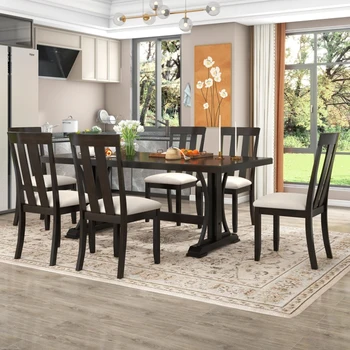 78-дюймовый обеденный стол в стиле ретро, прямоугольный стол из 7 предметов и 6 обеденных стульев для столовой, гостиной, семейной мебели
