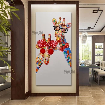 Высококачественная красочная картина с мультяшными животными в виде жирафа, Ручная роспись, Настенная картина для украшения дома в гостиной без рамы
