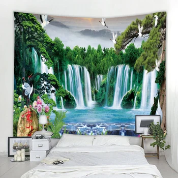 Настенный Гобелен в стиле бохо, Гобелен для домашнего декора с Мандалой, Гобелен с красивой природой, Пейзаж с водопадом, Гобелен