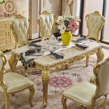 Европейский мраморный обеденный стол и сочетание стула бытовой резной обеденный стол цвета Шампанского золотой прямоугольный обеденный стол