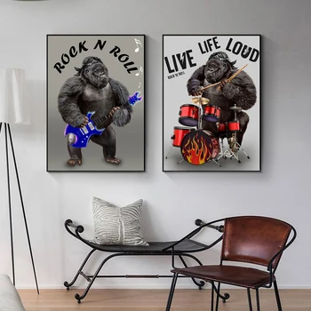 Шимпанзе Музыкант Холст Картина с рамкой Рок Горилла Настенная картина Абстрактное искусство Плакат с животными для спальни Домашний декор