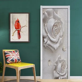 Современная наклейка на дверь с тиснением в виде розы и бабочки, Гостиная, спальня, самоклеящиеся водонепроницаемые настенные обои для стен, 3 D Наклейки