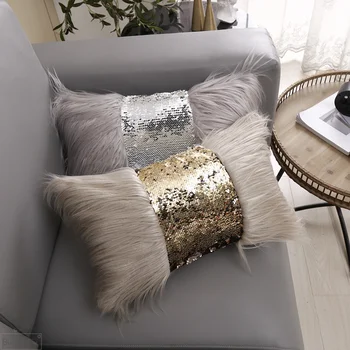 Роскошная меховая наволочка с блестками 30x50 см для дивана, декоративная наволочка с блестками для гостиной, наволочка для декора из серебра и золота