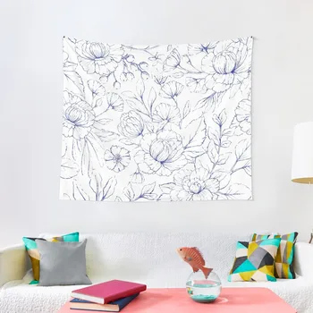 Современный рисованный темно-синий белый элегантный Гобелен с цветочным узором, Гобелены, висящие на стене