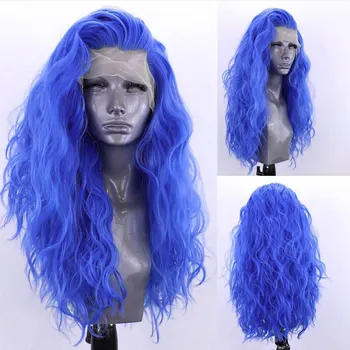 Синтетический парик на кружевной основе синего цвета, упругие вьющиеся волосы из водяных волн, термостойкие волокна, натуральная линия роста волос для афроамериканцев